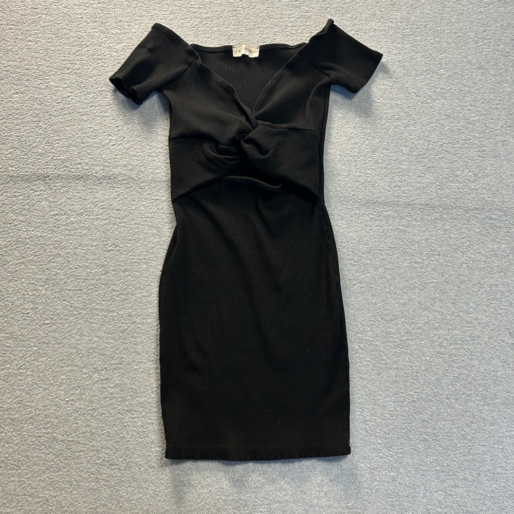 Attirance Black Ribbed Twist Front Cutout Off Shoulder Bodycon Mini Dress Sheath